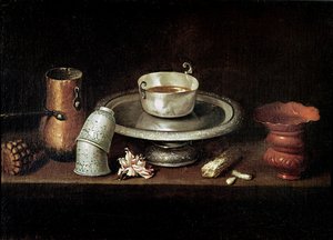 Stilleben med en skål chokolade eller morgenmad med chokolade, ca. 1640